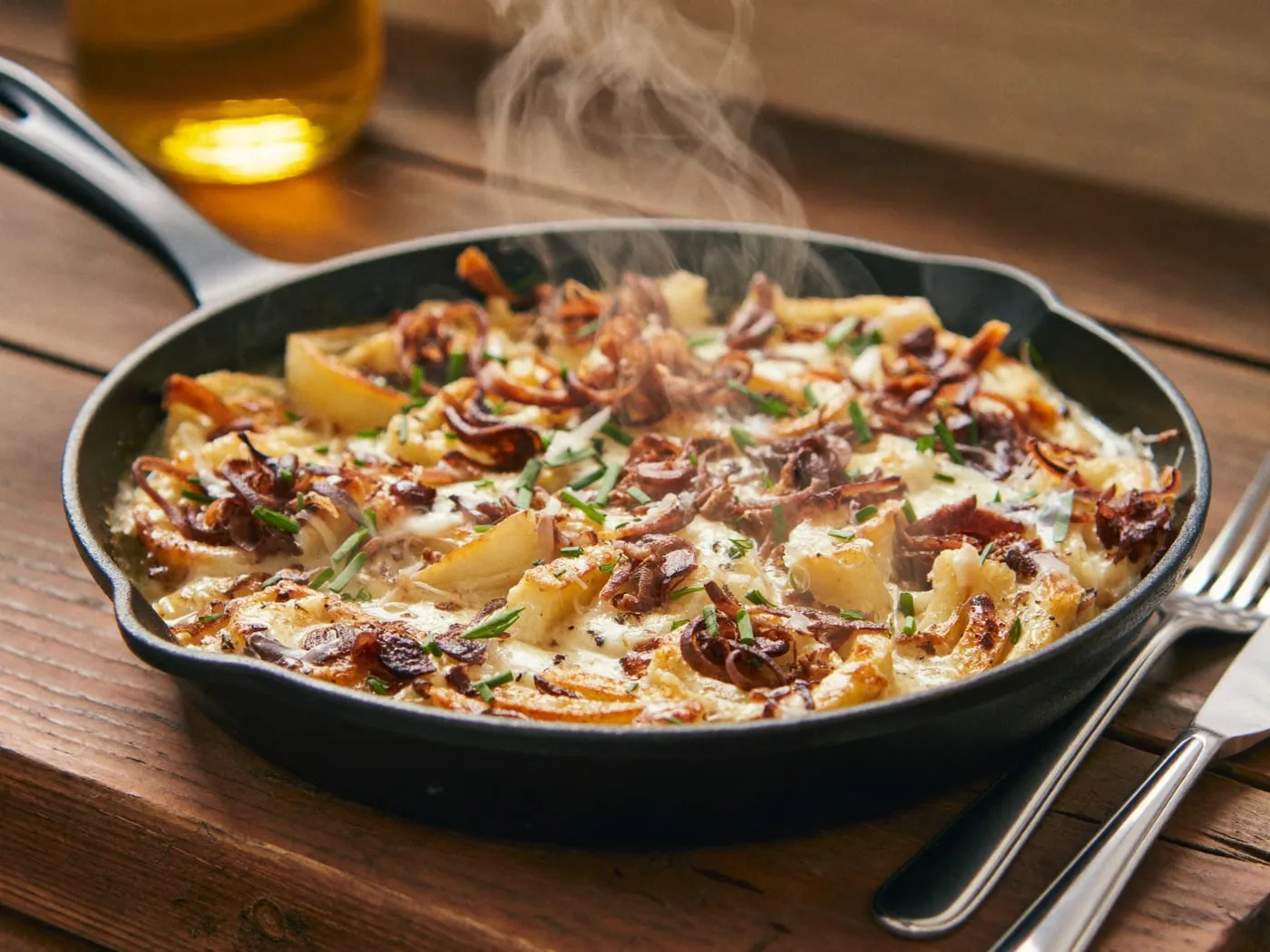 Pfanne mit Käsespätzle und Röstzwiebeln